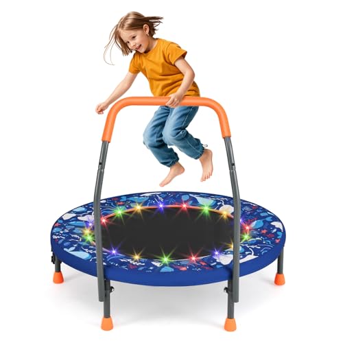 Goplus Foldable Toddler Trampoline for Kids, 36'' Recreational Mini Trampoline w/20 LED Lights, Foam Handle, Padded Safety Cover, Indoor Outdoor Exercise Rebounder for Boys Girls Aged 3-6 - style: Navy-Ocean