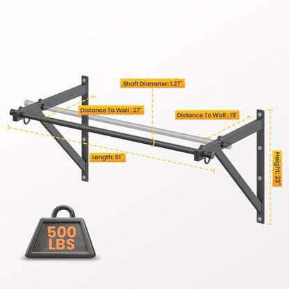 500LBS Capacity Wall Mounted Pull Up Bar, 45"/51" Chin Up Bar, Reinforced Thick Metal Joist Mounted Strength Training Bar with Adjustable Depth