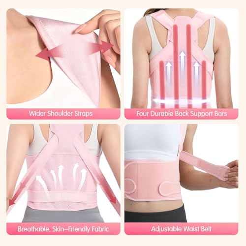 Posture Corrector for Women & Men, Adjustable Back Brace with Shoulder Straightener & Lumbar Support for Upper & Lower Back Pain Relief, Spine Support, Hunchback & Scoliosis, Pink, Small