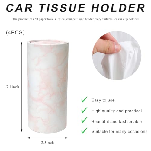 4PCS Car Tissue Holder, Car Cup Holder Convenient Travel Tissue Tube Box with Facial Tissues, Portable Round Tissues Holder Paper Towel Cylinder for Car Home Office (Marble Pink)