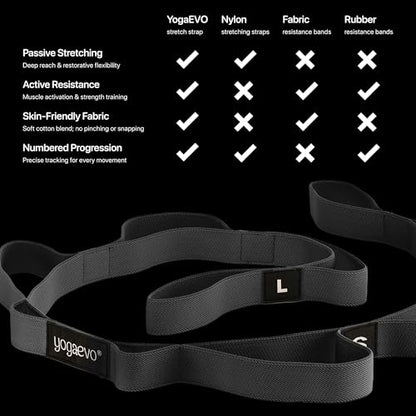 YOGA-EVO Elastic Stretching Strap with Loops for Physical Therapy - Stretch & Activate Muscles - Increase Mobility & Recovery - Soft Cotton & Spandex - Includes Carrying Pouch & Video Exercises - color: Black