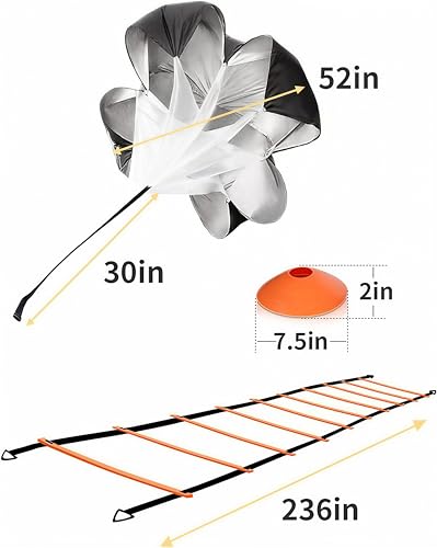 5-in-1 Speed & Agility Training Set – 20ft Ladder (12 Rungs), Resistance Parachute, 12 Cones, Holder, 4 Stakes with Portable Carry Bag for Soccer, Football, Tennis Training