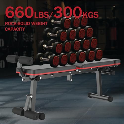 Adjustable Weight Bench, Foldable, Incline/Decline/Flat, Full Body Workout, Extended Head Design, 660 lbs/300 kgs Capacity