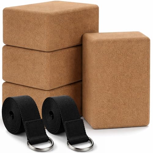 Leitee 6 Pcs Cork Yoga Blocks with Straps 9 x 6 x 4 Inch Cork Yoga Brick 8.2 FT Strap Non Slip High Density Bricks Exercise Blocks for Physical Stretching Flexibility Balance Fitness Pilates