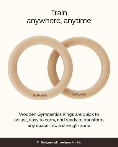 BetterMe Wooden Gymnastics Rings - Gymnastics Rings for Home with Adjustable Straps - Gym Rings and Calisthenics Rings for Pull-Ups, Ring Rows, and Dips - Portable Workout Rings