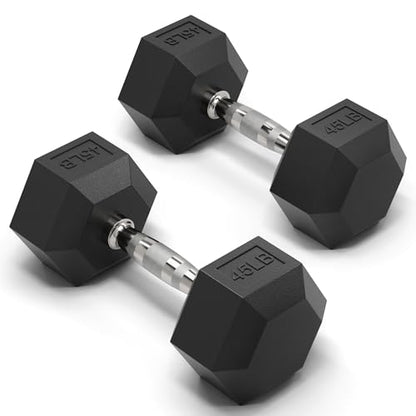 Mikolo Dumbbell Sets with Rack, Rubber Hex Dumbbells, Multiple Choices in 160/200/380/450/550LB, Hand Weights with Chrome Handle for Strength Training - style: 45LB PAIR