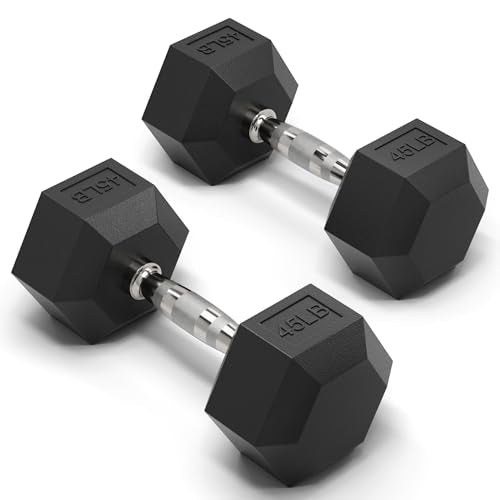 Mikolo Dumbbell Sets with Rack, Rubber Hex Dumbbells, Multiple Choices in 160/200/380/450/550LB, Hand Weights with Chrome Handle for Strength Training - style: 45LB PAIR