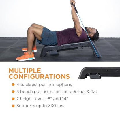 Power Systems Step Bench & Weight Bench | Aerobic Platform & Plyo Box for Cardio, Strength | Commercial Grade Full Body Home Gym Stepper with Adjustable Multifunctional Deck & Resistance Band Clips