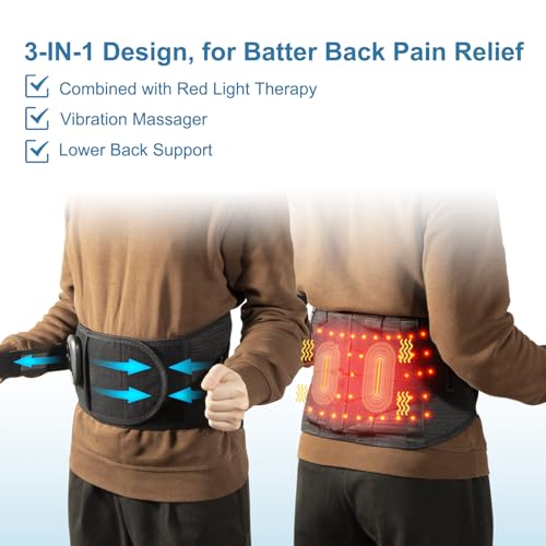 Lower Back Massager Belt with Red Light Heating Therapy, Cordless Heating Pad for Back, Rechargeable 5000 mAh Battery, Heated Back Brace Warmer Belt for Back Pain Relief,L