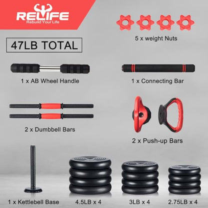 RELIFE REBUILD YOUR LIFE Adjustable Dumbbells Set 6 in 1 Weight Set Dumbbell Barbell Kettlebells, Push-up, Push up Stand and Ab roller for Workout Home Fitness Equipment