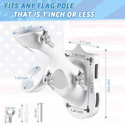 Flag Pole Brackets for House, REERON 2-Positions Metal 1" Flagpole Holder Mounts, Aluminium Rustproof Outside Flag Pole Wall Porch Mounting Bracket with 3 Fixed Holes & Steel Hardwares (White-2 Pack)