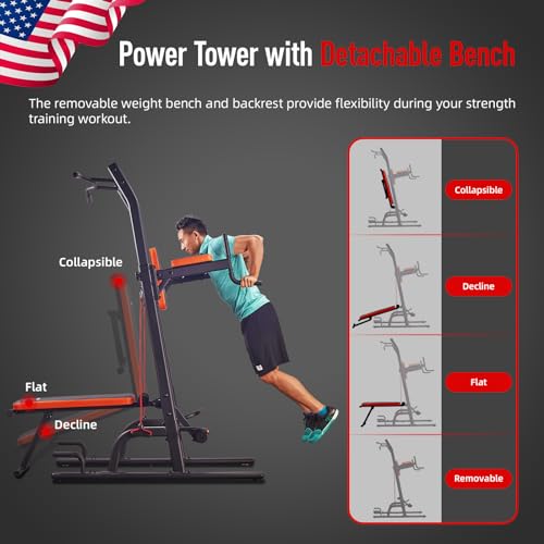 Multifunction Power Tower with Bench, Heavy Duty Pull Up Bar Dip Station for Home Gym Workout Strength Training Fitness Equipment
