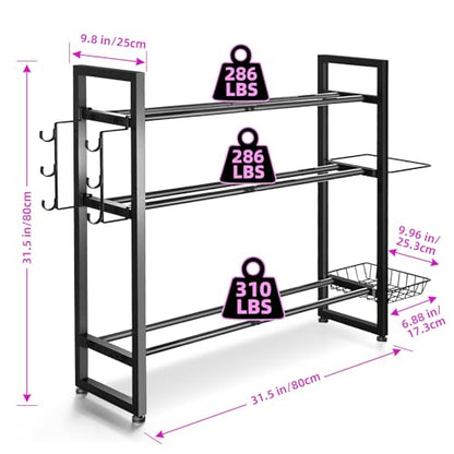 3-Tier Dumbbell Rack with 882 LBS Capacity, Multi-Purpose Weight Rack for Home Gym with Shelf and Movable Hooks, Weight Holder and Home Gym Storage Organizer for Dumbells Kettlebells Yoga Mat