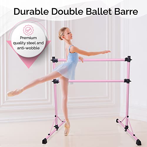 New & Improved 4 Ft Steel Double Ballet Barre with Carry Bag and Beginner Guide,Adjustable&Portable Ballet Barre for Home and Gym,Quality Ballet bar Anti-Wobble,Stretching Dance bar - color: Pink