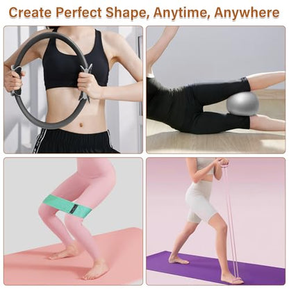 Home Pilates Kit, 15-Inch Pilates Ring with 2 Pilates Ball,2 massageballs,3 Resistance Bands for Toning Arms, Thighs/Legs & Core,1 Detachable Tension Strap