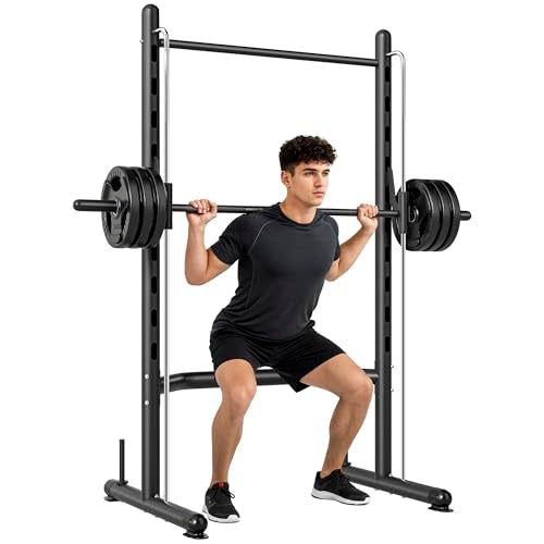 Soozier Squat Rack with Pull-Up Bar, Adjustable Power Rack with Barbell Bar, Multi-Functional Steel Bench Press Rack for Home Gym Strength Training, Black - color: Black