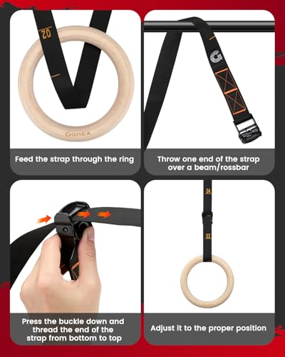 Gonex Wooden Gymnastic Rings with Adjustable Number Straps, Olympic Rings for Gym, Workout, Exercise, Outdoor Training, Quick Install Carabiner, 8.7 ft Straps Pull Up Non-Slip Rings