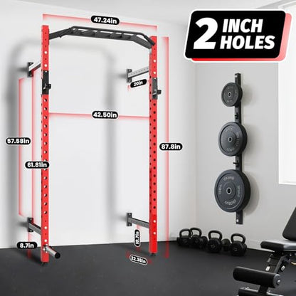 GAOMON Commercial Wall Mounted Squat Rack, Heavy Duty Carbon Steel Home Gym Equipment with Multi-Grip Pull Up Bar, j-Cups & Landmine Attachment for Home and Garage Gym, Red