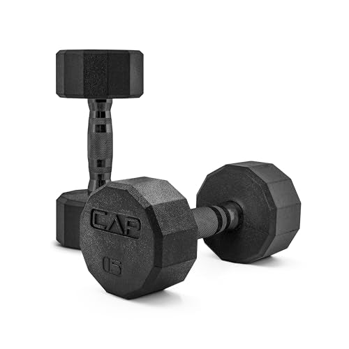 CAP Rubber Coated Dumbbell Weights, Free Weights for Home Gym Strength Training, Anti-Roll Hex Dumbbells with Black, Chrome & Comfort Grip Handles, Pairs & Sets - size: 15 lb - Pair, style: 12-Sided - Black Handle