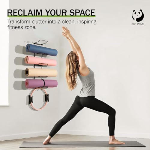 Slim Panda Yoga Mat Holder Wall Mount With Mesh Bag,Yoga Accessories Storage Rack,Home Gym Organizer with 5-Tier & 3 Hooks for Hanging Yoga Mats, Foam Roller, Resistance Bands, Space Saver