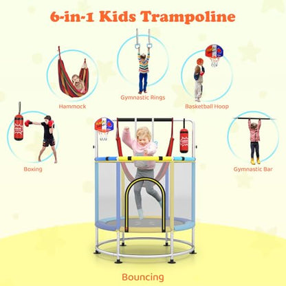 GYMAX 55" Trampoline for Kids, 440LBS 6 in 1 Toddler Rebounder with Swing, Basketball Hoop, Punching Bag, Rings & Bar, No-Gap Jumping Mat Mini Indoor Outdoor Trampoline - color: Yellow-Navy-Blue