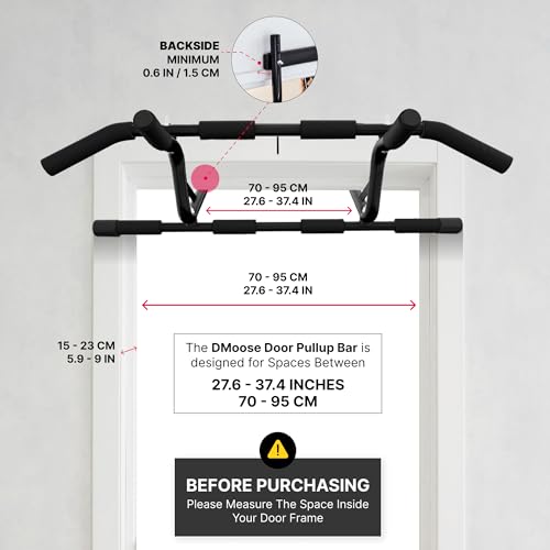 DMoose Fitness Pull Up Bar for Doorway - Upto 250 Lbs Capacity, No Screwing or Slipping, Hanging Pullup & Chin Up Bar for Door Frame - Multi Padded Grips for Strength Training with Installation Guide