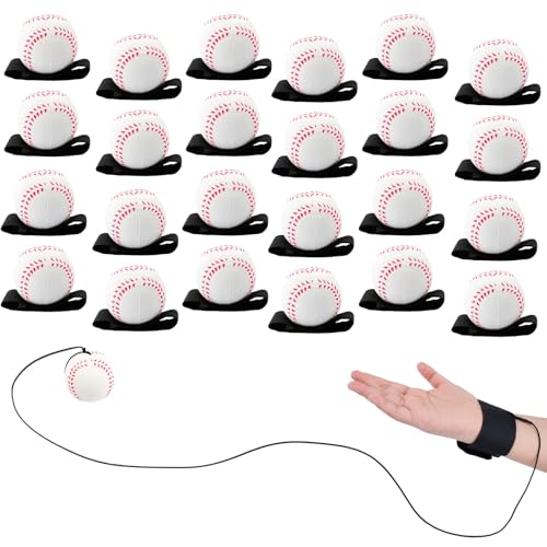 SAYAYA 24 PCS Wrist Return Ball on a String 2.36 Rebound Return Sport Balls with Elastic Strap Baseball Soccer Tennis Practice Party Favors, Wrist Exercise and Fun Play for Kids & Adults - color: White Baseball, size: 24 Pcs