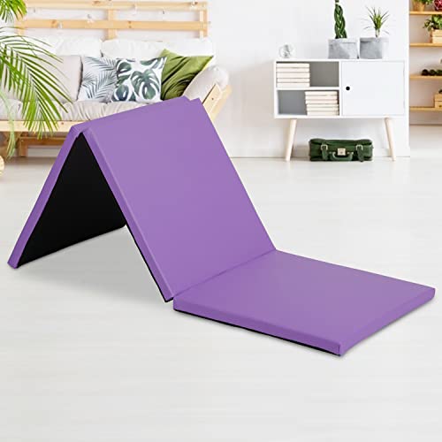 Gymnastics Tumbling Mat - 3 Folding Exercise Mat for Home Workout, All-Purpose Gym Floor Mat, 2 Inch Thick Yoga Mat for Home Gym - color: Purple