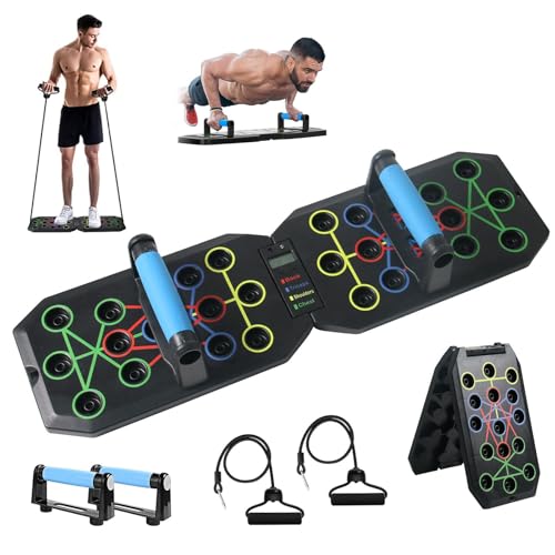 Push Up Board with Resistance Bands, Foldable Push Up Bar with Counter/Timer, Multi-function Push-Up Stand Home Workout Equipment with Handles for Fitness Burn Fat Chest Strength Training