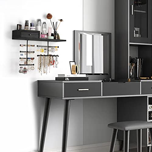 Jewelry Organizer Hanging Wall Mounted Jewelry Holder with Rustic Wood Drawer & Large Capacity Storage Shelf Rack Display for Earrings Rings Necklaces Bracelet(Black) - color: Black