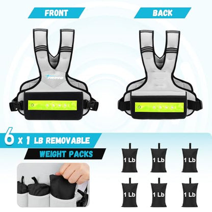 Adjustable Weighted Vest for Women Men, 6-15 Lbs/12-18 Lbs Rucking Vest with LED Light Strips, Weight Vest with 6 Ironsand Weights, and Zipper Pocket for Strength Training, Walking, Running