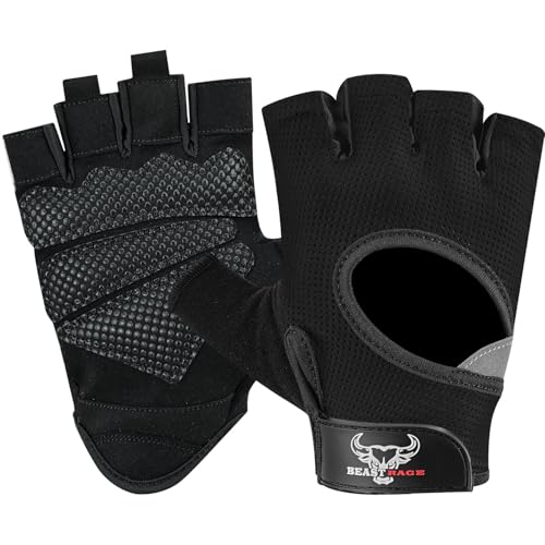 BEAST RAGE Fingerless Weight Lifting Gloves with Palm Protection Padding, Breathable Lightweight Gym Gloves for Men, Women, Weightlifting, Cycling, Exercise, Training Pull Up - color: Black, size: Medium