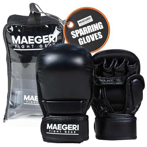 Hybrid MMA Sparring Gloves – Open Palm 7oz Training Gloves with 18” Wrist Wrap for Grappling, Bag Work & Sparring – MMA Gloves for Men & Women - size: Large-X-Large