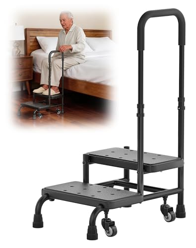 Step Stool with Handle for Elderly, 2 Steps Stool with Wheel, Non Slip Platform and Height Adjustable Handrail Support for Adults, Seniors, Bedside Steps for High Beds, Bathtub, RV (Black) - color: Black