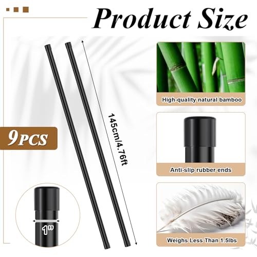 Hiboom 6/9 Pcs 5ft Yoga Stick Natural Bamboo Black Exercise Stick with Non-Slip Rubber Ends Stretching Tool Posture Corrector Stretch Tool for Flexibility, Workout, Balance Fitness
