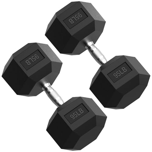 Rubber Encased Hex Dumbbell, Hand Weights with Anti-Slip Cast Iron Grip for Exercise & Fitness, Weights Dumbbells Set of 2 for Strength Training - style: 95LB Pair