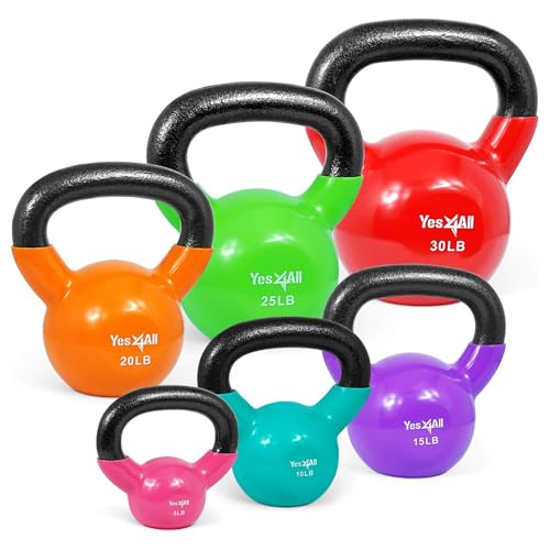 Yes4All Kettlebell, Vinyl Coated Kettlebell Cast Iron Sets with Stable Flat Bottom for Full Body Workout, Push up, Grip Strength Training & Weights Exercises - color: Multicolor, style: 5 - 30lb