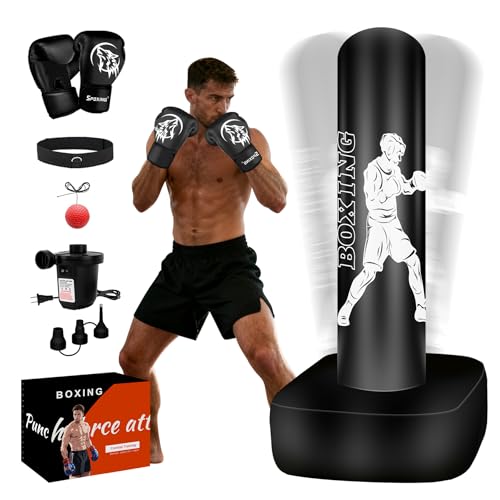 Punching Bag for Adults, 70" Boxing Bag with Stand, Freestanding Heavy Bag with Boxing Gloves, Reflex Ball Set, Kickboxing Bag Training Equipment for Muay Thai, MMA, Gym, Training, Fitness - style: White Athlete - Includes Accessories
