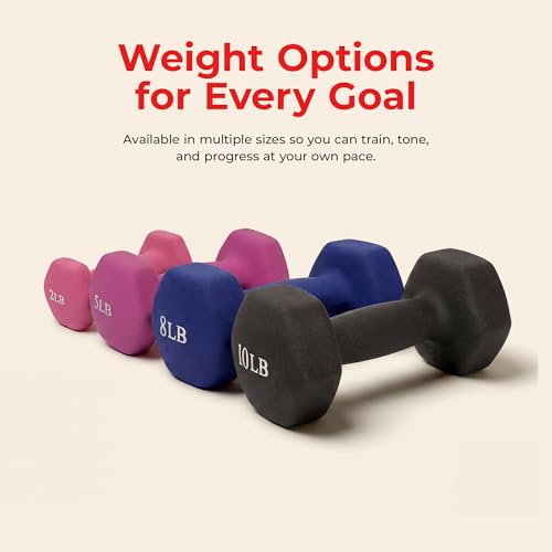 Sunny Health & Fitness Neoprene Coated Hex Shaped Dumbbell Non-Slip Fitness Weights for Home Gym Exercise, Full Body Workout Strength Building, Weight Loss, Sold in Pairs - Sizes - 2LB, 5LB, 8LB, 10LB