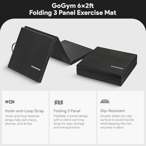 BalanceFrom 2-Pack 6x2 Feet 3-Panel Folding Gymnastics Mat, Black – 2-Inch Thick Pad with Vinyl Surface and Carrying Handles for Tumbling, Yoga, Pilates, Home Workouts, and Martial Arts