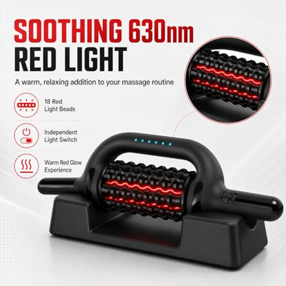 630nm Red Light Electric Rolling Massager with Hands-Free Base, 6-Speed Cordless Muscle Roller for Legs, Feet, Calves, Thighs & Back, Wide Massage Roller Stick for Post Workout Recovery (Black)