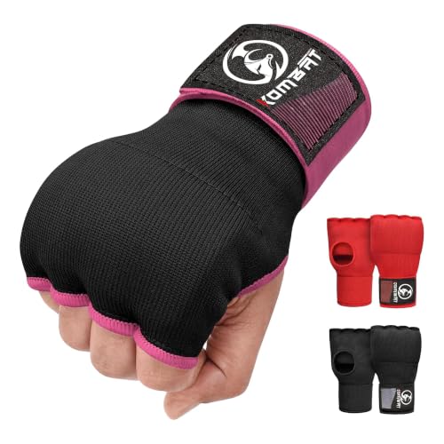 Kombat Gel Boxing Hand Wraps, Padded Inner Gloves for Men & Women, 75cm Quick Wrist Wraps, Knuckle & Wrist Protection for Muay Thai, MMA, Kickboxing, Martial Arts, Punching Training - color: Black/Pink, size: Large
