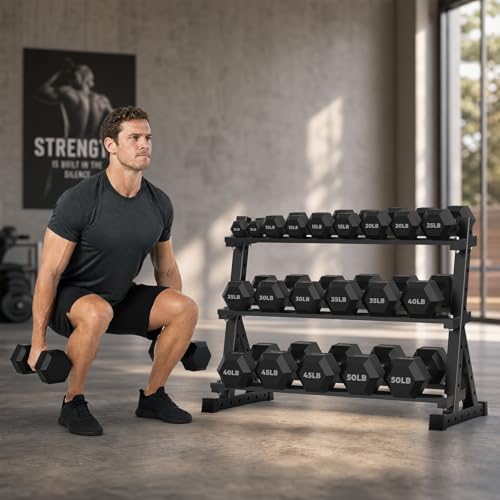 HANDBODE Hex Dumbbell Set with Rack, 300-840 lb Rubber Coated Fixed Weights Sets with Heavy Duty Storage Stand, Hexagon Shape, Multiple Weight Options Home Gym Equipment for Strength Training - style: 550 lb Set (5-50 lb) with Rack