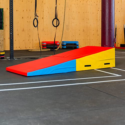 PRISP Folding Incline Gym Mat - Extra Long 71 x 28 x 14 in Wedge Gymnastics Tumbling Mat for Kids - color: Red; Yellow; Blue