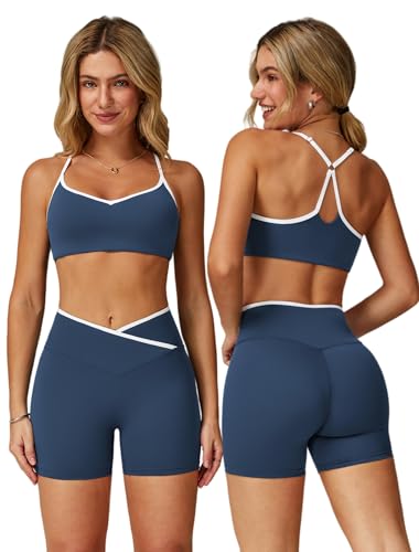 ABOCIW Workout Sets for Women 2 Piece Color Block Strappy Sports Bra Crossover High Waist Shorts Gym Yoga Pilates Outfits - color: Navy Blue, size: Medium