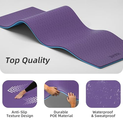 HAHE Extra Thick Yoga Mat, 72"Lx32"Wx0.4"Th (10mm), Wide Non-slip Exercise Mats with Carry Strap, Double-Sided POE Fitness Mat for Yoga, Pilates & Floor Workouts - color: Purple+Sky Blue