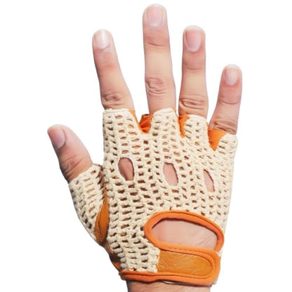 Real Soft Leather Crochet Net Fingerless Driving Weight Training Cycling Wheelchair Gloves W-1037 - color: Tan/White, size: XX-Large