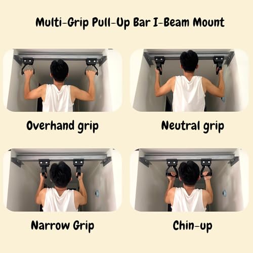 I-Beam Mount Multi-Grip Pull-Up Bar Adjustable Heavy Duty Chin Up Handles for Home Gym, Fits 3.5"-7.5" I-Beam Flange Strength Fitness Training Equipment Load up to 400 LBS - Patent Pending