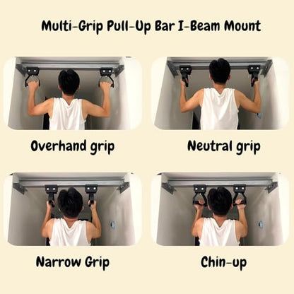 I-Beam Mount Multi-Grip Pull-Up Bar Adjustable Heavy Duty Chin Up Handles for Home Gym, Fits 3.5"-7.5" I-Beam Flange Strength Fitness Training Equipment Load up to 400 LBS - Patent Pending
