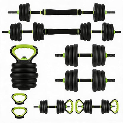 44LB 4-in-1 Adjustable Dumbbell Set – Dumbbells, Barbells, Kettlebells & Push-Up Handles – Home Gym Strength Training – Anti-Slip ABS Grip, Quiet Rubber-Coated Plates, Compact Design, Black+Green